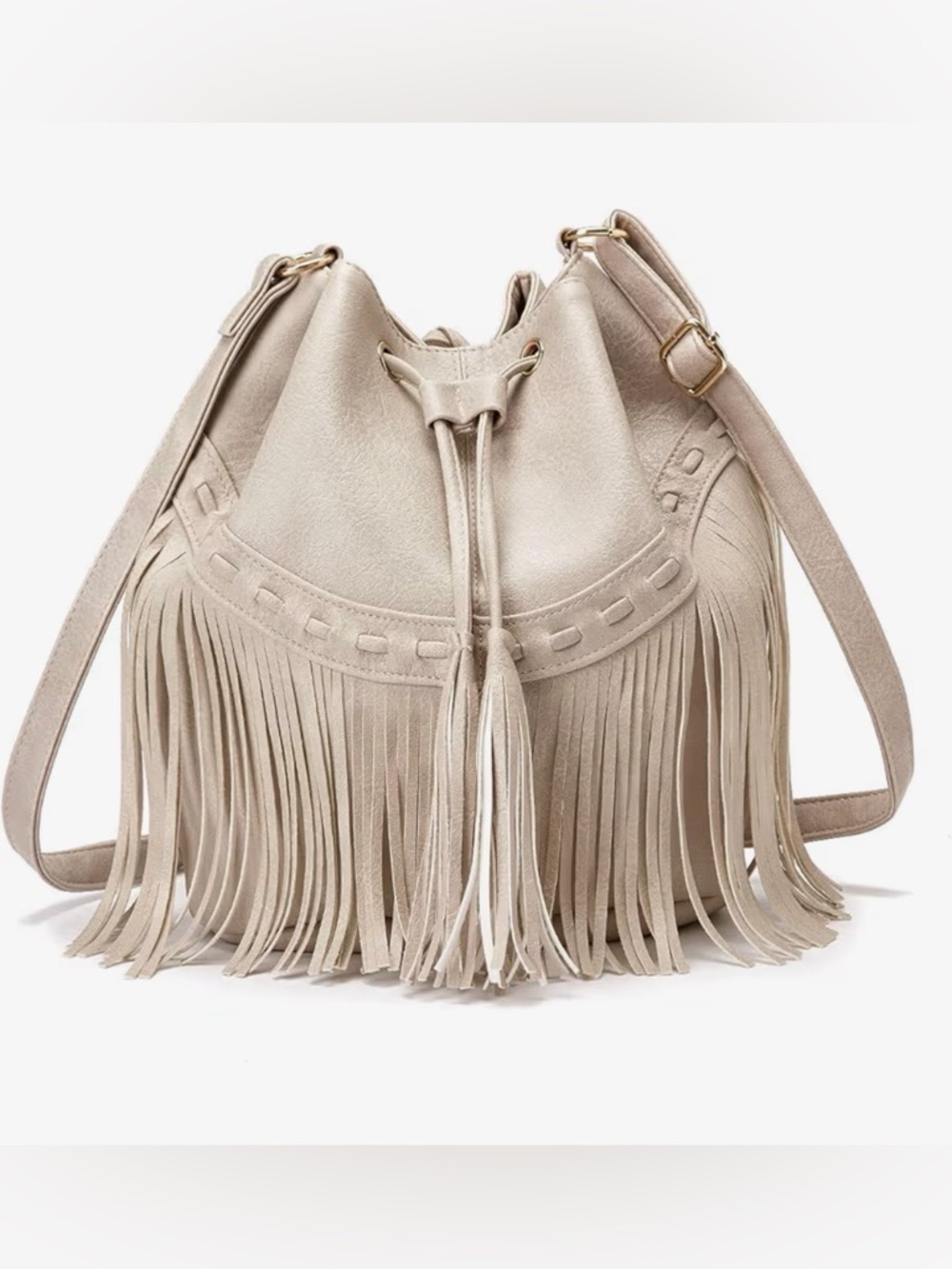 Fringe Drawstring Bucket Bag in Light Beige - Picture 1 of 5